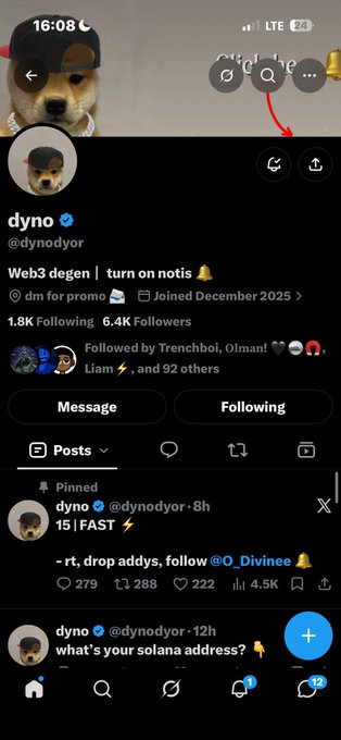 A mobile screenshot of an X (Twitter) profile for 'dyno' (@dynodyor) with a verified blue checkmark, bio reading 'Web3 degen', 1.8K Following and 6.4K Followers, showing a pinned post about FAST.