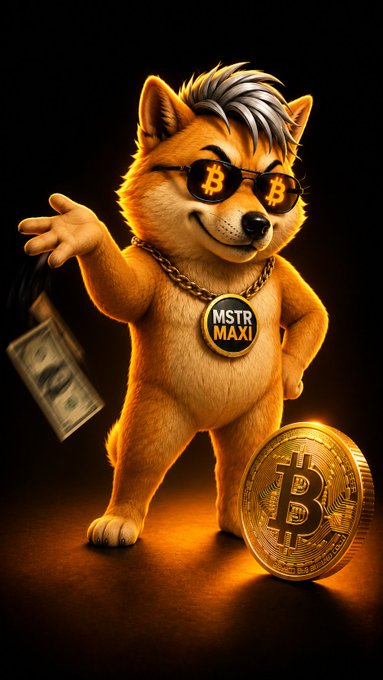 A stylized 3D illustration of an anthropomorphic Shiba Inu dog wearing Bitcoin sunglasses and a 'MSTR MAXI' gold chain, holding cash and standing next to a large Bitcoin coin.