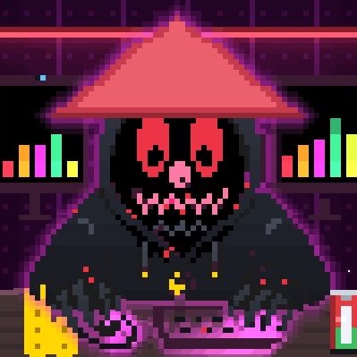 A pixel art illustration of a sinister figure wearing a pink/red conical Asian hat, with glowing red eyes and a jagged toothy grin, set against a purple neon background with colorful bar charts.