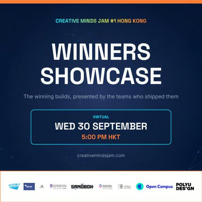 A promotional graphic for the "Creative Minds Jam #1 Hong Kong Winners Showcase," featuring bold white text on a dark blue background announcing a virtual event on Wednesday, 30 September at 5:00 PM HKT, with sponsor logos including Sandbox and PolyU Design along the bottom. The image aligns with the post by visually reinforcing the event details and featuring the same sponsors mentioned, promoting the showcase where winning teams will demo their builds.
