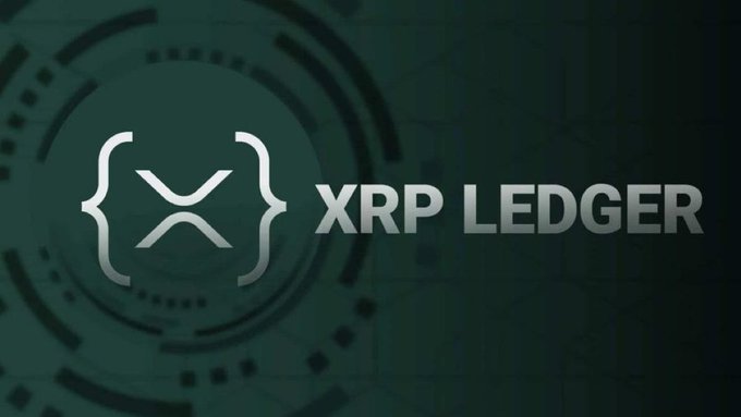 A digital graphic displays the 'XRP LEDGER' logo with a stylized 'X' emblem against a dark teal, tech-themed background.