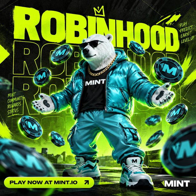 A vibrant, stylized graphic featuring an anthropomorphic polar bear in sunglasses and a teal puffer jacket with 'MINT' written on the shirt, surrounded by floating coins with an 'M' logo, and text reading 'ROBINHOOD' and 'PLAY NOW AT MINT.IO'.