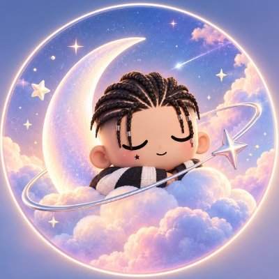 Digital illustration of a cute character with braided hair sleeping peacefully on a cloud, encircled by a glowing crescent moon and stars against a pastel purple and pink sky.