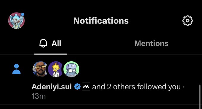 A dark-themed notifications screen from a social media app showing 'All' and 'Mentions' tabs, with an alert that 'Adeniyi.sui' and 2 others followed you 13 minutes ago.