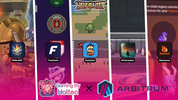 A promotional image showcases mobile games including Olderfall, Footium, Hotshot, Alternates, and Damons, featuring a collaboration between Gaming By Hatten and the Arbitrum blockchain network.