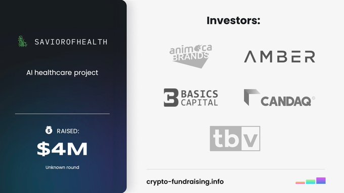 An investment infographic for 'SAVIOROFHEALTH' AI healthcare project showing $4M raised, with investor logos including Animoca Brands, Amber, Basics Capital, Candaq, and TBV.