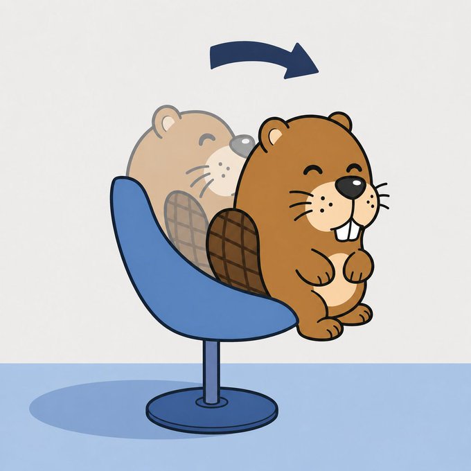 A cartoon illustration of a brown beaver sitting on a blue office chair, with a faded outline of the beaver in an upright position and an arrow indicating the chair's reclining motion.