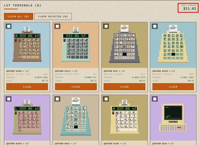 A digital dashboard displaying 'LIT TERMINALS (8)' with eight vintage-style terminal graphics, showing 'TOTAL PENDINGS $11.01' and claim buttons.