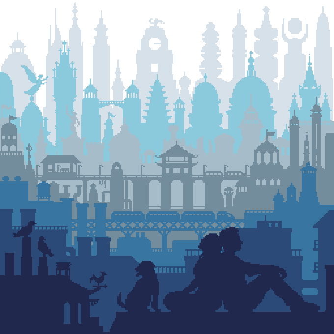 A stylized, monochromatic blue silhouette illustration depicts a couple and a dog sitting on a rooftop, gazing at a dense cityscape of towers, domes, and pagodas.