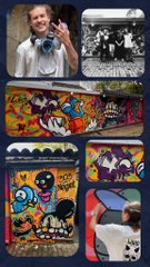 The image shows a collage documenting the creation of a mural for the "303 Route" project in Bogotá, Colombia, featuring the artist (wearing a respirator and gloves), crew members, sketching stages, and the final vibrant graffiti wall alongside an NFT pass.