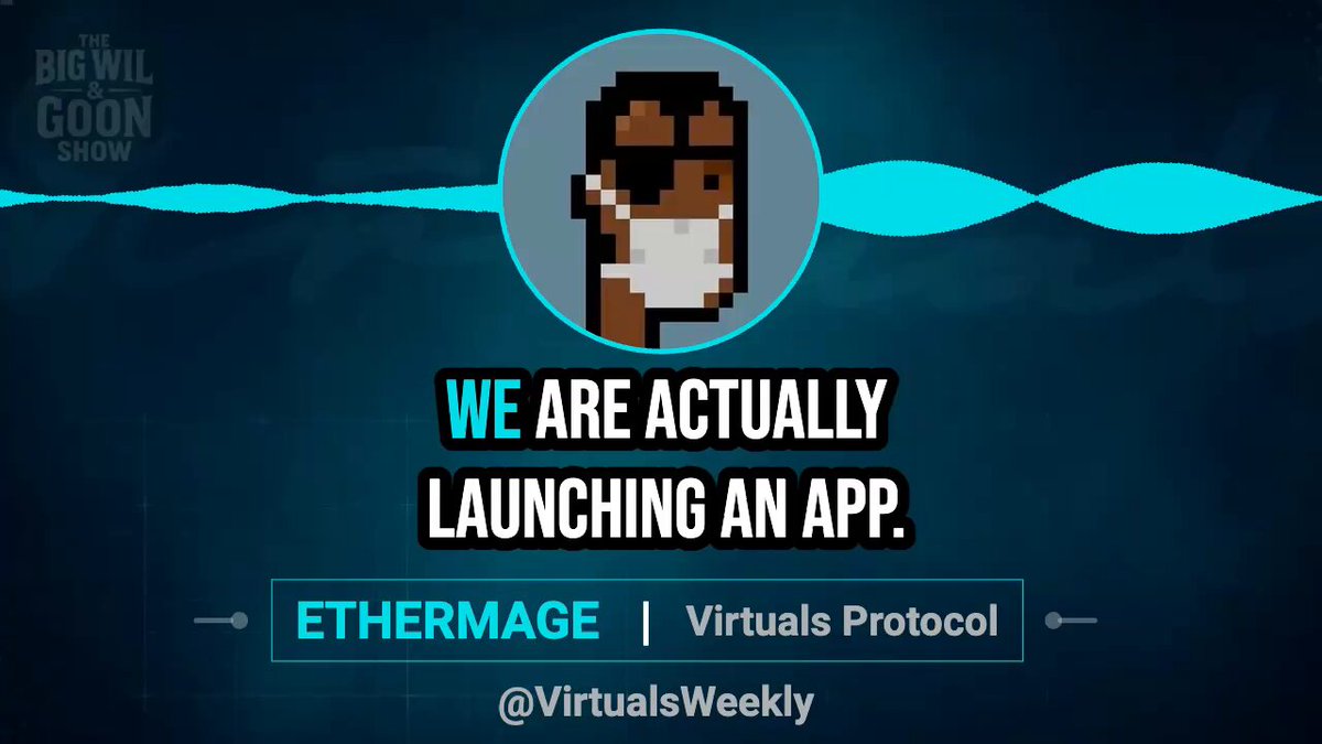 The image features a social media post with a blue background, white text, and a cartoon character wearing a face mask. The caption of the post reads "We are actually launching an app. @VirtualsWeekly is just making the agent a permanent member of that chat but thats not even the craziest part: ➜ the TAM isn'e degens. it's anyone who". This post seems to be promoting a new social media platform or app, possibly named "Ethermage", which could be related to virtual reality experiences and gaming.