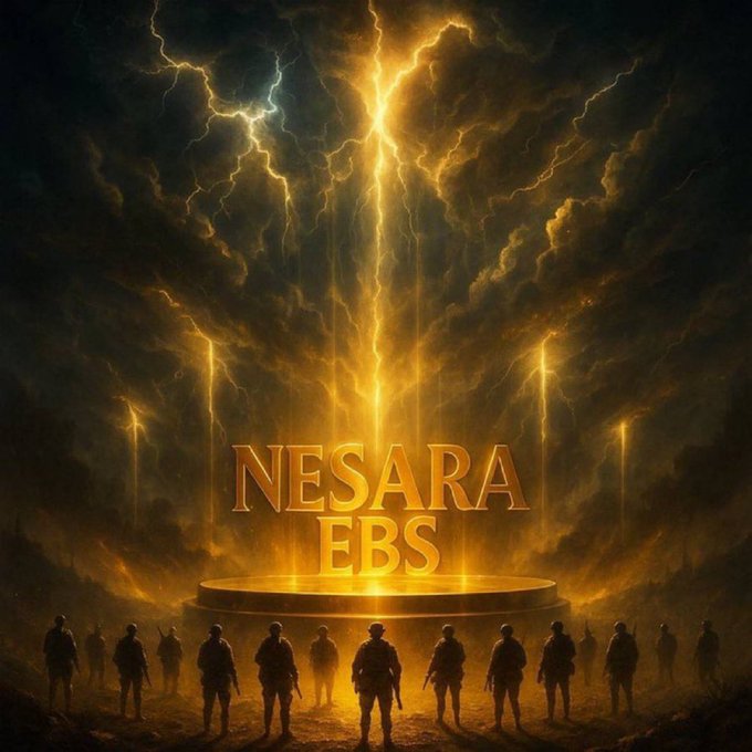 The image features a dramatic scene of soldiers silhouetted against a golden sky filled with lightning, standing before a glowing platform that displays the text "NESARA EBS." This visual aligns with the post's claim of a military-backed Emergency Broadcast System activation linked to NESARA payouts.