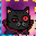 A pixel art sprite of a black cat with glowing red eyes against a purple background.