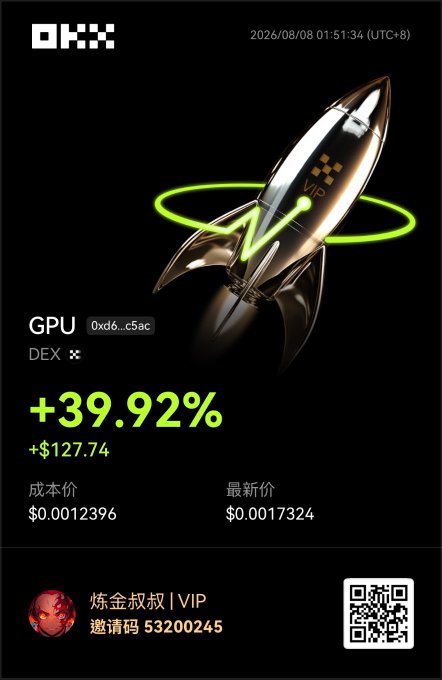 A promotional graphic with 'OKX' branding showing a 3D rocket, a GPU token gain of '+39.92%' (+$127.74), and a VIP invitation code '53200245'.