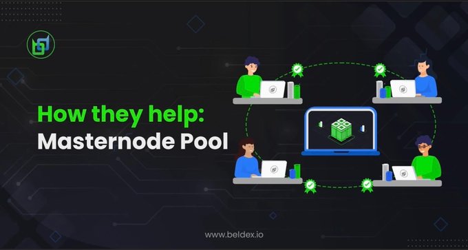 An infographic with the text 'How they help: Masternode Pool' showing an illustration of four people at computers connected to a central laptop displaying a green cube, with the website 'www.beldex.io' at the bottom.