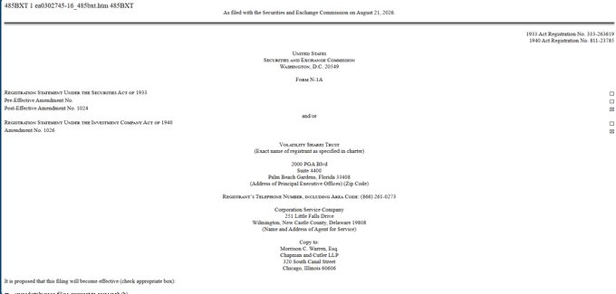The image shows an SEC filing (Form N-1A) for the Volatility Shares Trust 2000 PCA BU'd Split 40/60 fund (ticker: 485BXT, CIK 0002072445), filed on August 21, 2026, seeking to delay registration effectiveness. This filing relates to the post's mention of Volatility Shares requesting to postpone the effectiveness of its 3X XRP ETF until September 20, 2026, as the same company is delaying multiple fund registrations, including the XRP-related product.
