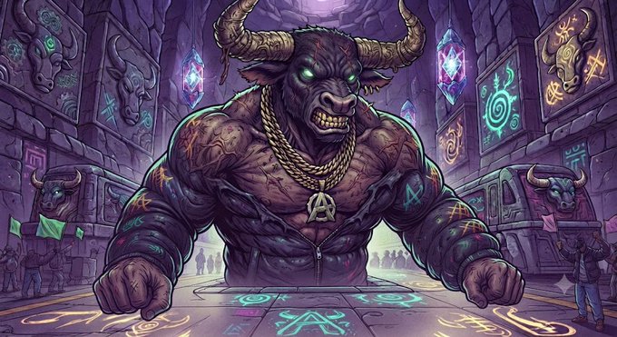 A vibrant, cartoon-style digital illustration of a muscular, purple-skinned minotaur with large horns, wearing a gold chain, standing in a graffiti-covered urban alleyway with other bull-headed figures in the background.