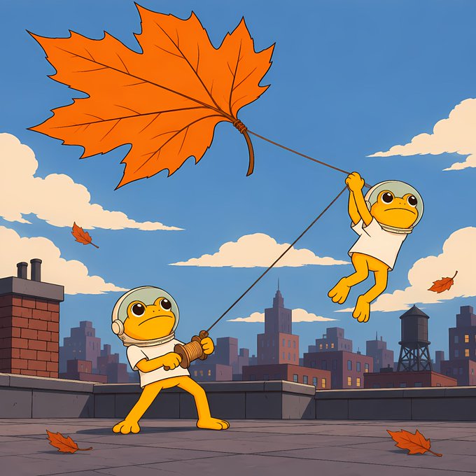 Two yellow frog-like characters in white shirts and helmets play with a giant orange autumn leaf on a city rooftop, with one character flying like a kite while the other holds the string, symbolizing how $TURBO adapts to change and seizes new opportunities like autumn breezes lift unexpected things into the sky.