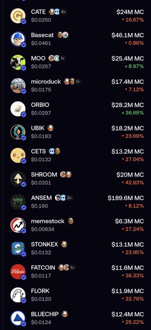 A market list shows meme and stock-themed tokens mostly down sharply, including CATE (‑16.67%), UBIK (‑23.69%), SHROOM (‑42.63%), FATCOIN (‑36.33%), and STONKEX (‑23.95%), alongside declines for ORBIO, CETs, memestock, FLORK, and BLUECHIP. The screenshot supports the post’s concern that the “Robinhood, ponzi stock token” meta is broadly selling off.