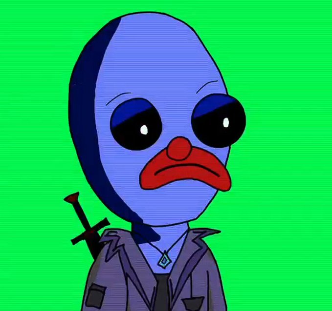 A cartoon illustration of a sad, blue-skinned character with large eyes, a red downturned mouth, and a sword strapped to their back, standing against a solid green background.