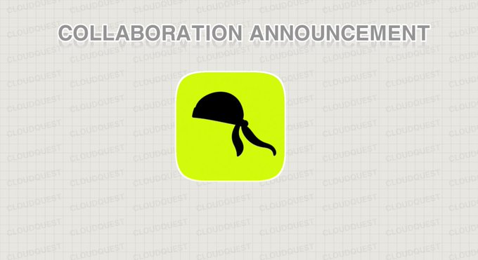 The image is a collaboration announcement graphic featuring a yellow app icon with a black durag illustration, with the text "COLLABORATION ANNOUNCEMENT" displayed at the top against a grid background watermarked with "CLOUDQUEST."
