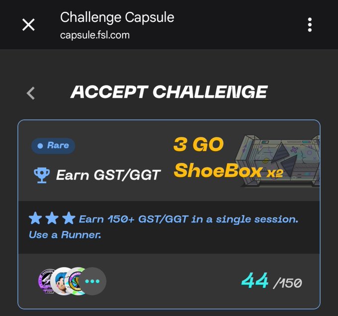 A screenshot from capsule.fsl.com showing an 'ACCEPT CHALLENGE' prompt for a Rare challenge to 'Earn GST/GGT', offering 3 GO ShoeBox x2 as a reward for earning 150+ GST/GGT in a single session, with progress shown at 44/150.