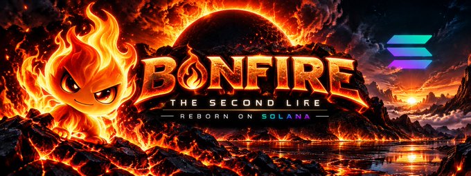 A promotional banner for 'BONFIRE - THE SECOND LIRE' showing a fiery mascot character with text 'REBORN ON SOLANA' and the Solana logo against a volcanic background.
