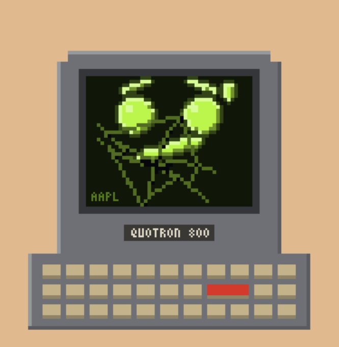 Pixel art on a retro computer screen labeled 'QUOTRON 800' shows a green alien-like figure with the text 'AAP' below.