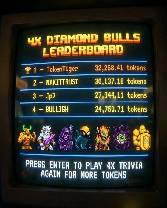 A '4X DIAMOND BULLS LEADERBOARD' screen showing top players: TokenTiger, MAKITTRUST, Jp7, and BULLISH with their token counts.