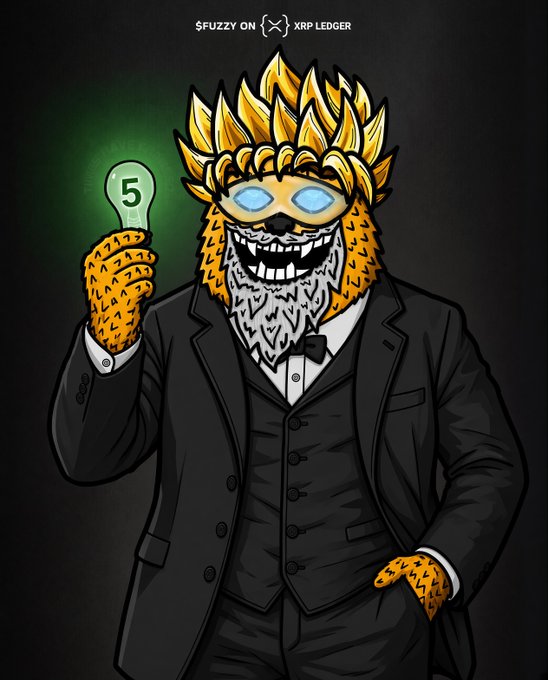 A stylized cartoon bear mascot in a black tuxedo with a spiky gold mane holds up a glowing green lightbulb displaying "5," while the header reads "$FUZZY ON XRP LEDGER." The countdown lightbulb visually represents the "less than 5 days" mentioned in the GM post celebrating 589 days of $FUZZY Bear on the XRP Ledger.