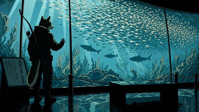 An anthropomorphic dog dressed as an archer stands in silhouette before a massive aquarium window, gazing at schools of fish and sharks swimming through kelp forests, with an adjacent informational placard displaying Japanese text. The contemplative, solitary scene of the archer-dog facing a vast underwater world visually echoes the post's theme of "dogs building in public" alone, framing the canine figure as a lone pioneer surveying an expansive, uncharted ecosystem much like a crypto "army" exploring new territory.