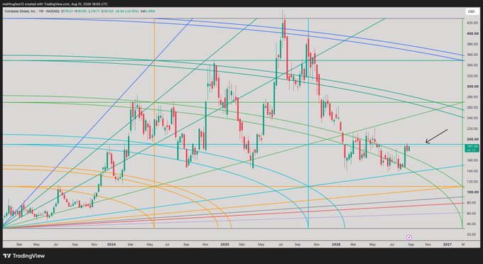 The image shows a TradingView weekly candlestick chart of Coinbase Global, Inc. (NASDAQ: COIN) with numerous fan-shaped Gann and Fibonacci retracement arcs drawn from the 2022 lows, highlighting key historical support and resistance levels. The current price sits near $207 with a hand-drawn arrow pointing toward the $190 zone, visually emphasizing the author's stated requirement for COIN to reclaim $190 as support before being truly satisfied with its bullish structure.