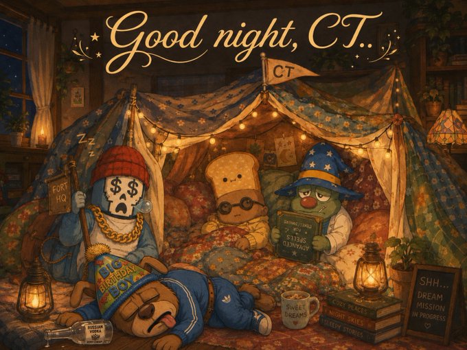 An illustrated cozy scene titled 'Good night, CT..' showing various cartoon characters in pajamas sleeping in a decorated blanket fort with string lights, including characters reading 'Crypto Twitter' and holding a 'Fortnight HQ' flag.