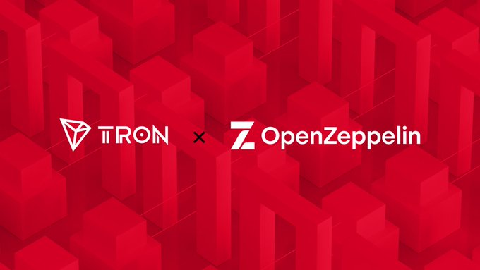 A bold red geometric background displays the TRON logo alongside the OpenZeppelin logo, visually representing the partnership between the two blockchain entities. The imagery underscores OpenZeppelin's integration of its smart contract security suite with the TRON network, emphasizing the collaboration's scale—backed by $37T in value transferred and 900+ security engagements.