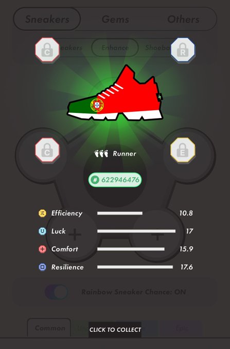 The image shows a screenshot of an app screen with a red shoe displayed at the top, along with other shoe-related information such as "shoe", "shoe runner", and "shoe choice" options. The text on the screen reads "Stepn". This suggests that the user is navigating through the app's interface to make a selection or input related to shoes.