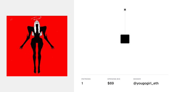 An NFT auction page showing a digital artwork of a horned figure on a red background, with 1 patron, an opening bid of $69, and bidder @yougogirl_eth.