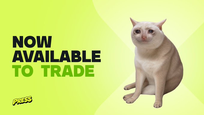 A cream-colored cat is featured on a bright lime-green promotional banner with bold text reading "NOW AVAILABLE TO TRADE," with the "PRESS" logo in the corner, advertising the availability of $CASHCAT on press.fun.