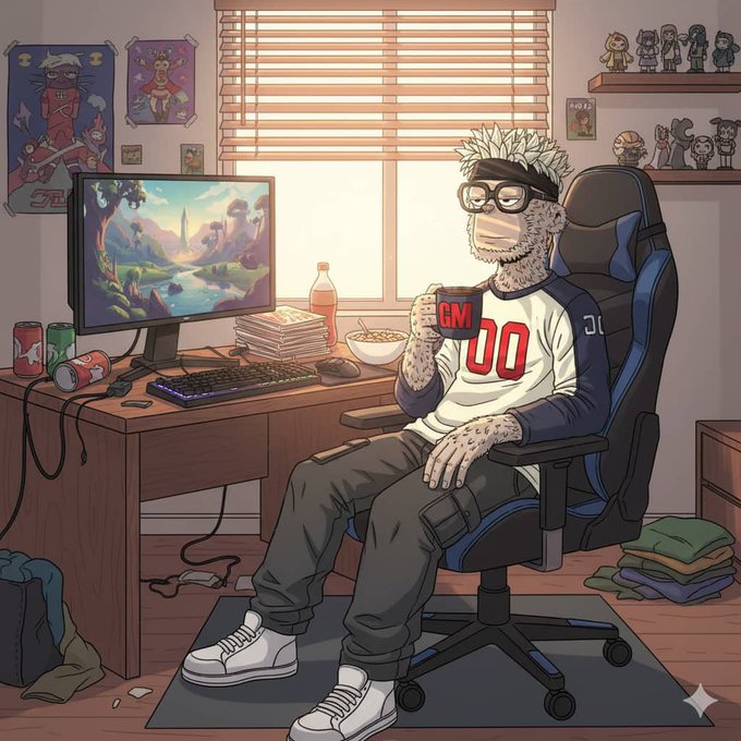A bearded gamer wearing a "00" jersey, glasses, and a headband sips from a "GM" (Good Morning) mug while lounging in his gaming chair beside a fantasy landscape monitor and anime posters—fittingly kicking off a week of opportunity with a relaxed, caffeinated start.