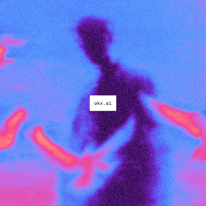 A silhouette of a person running is rendered in a dark, grainy texture against a vibrant pink and blue gradient background, with a white label in the center reading "okx.ai." The image evokes motion and forward momentum, visually symbolizing the speed and accessibility of OKX's new agentic AI marketplace.