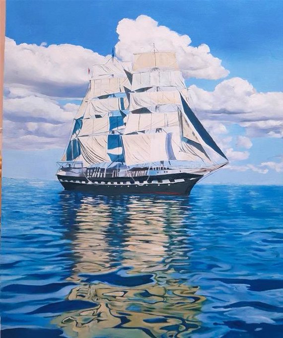 A painted clipper ship glides across calm blue waters beneath a cloud-filled sky, its reflection shimmering on the ocean surface. The image visually reinforces the post's emphasis on maritime trade, symbolizing the vast shipping industry that, despite moving 80% of global trade by volume, has traditionally been inaccessible to average investors—a theme central to the EthraLEGENDS project.