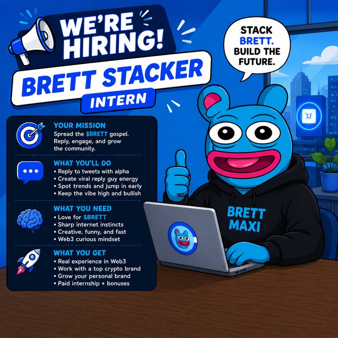 A colorful 'We're Hiring!' flyer advertises a 'Brett Stacker Intern' position, featuring a blue bear mascot labeled 'BRETT MAXI' and listing job requirements, responsibilities, and perks like a paid internship and bonuses.