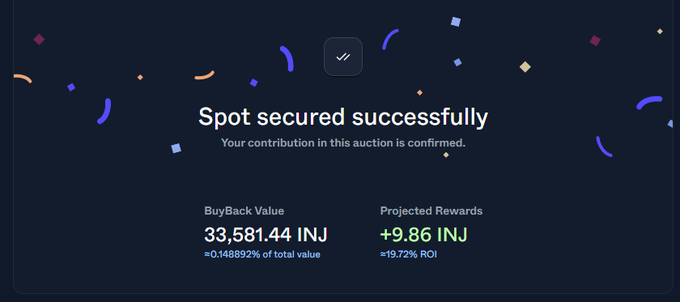 A confirmation screen reading 'Spot secured successfully' showing a BuyBack Value of 33,581.44 INJ and Projected Rewards of +9.86 INJ (+19.72% ROI).