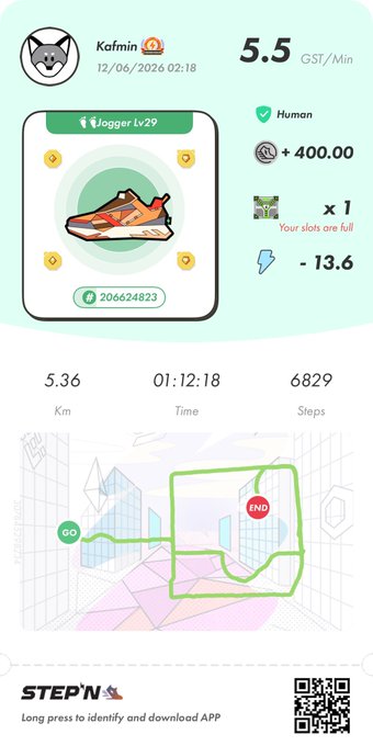 The image shows a step-by-step guide for using an app called "Stepn" that tracks your steps, calories burned, and distance traveled during exercise sessions. The app displays a map of a city with various landmarks such as buildings and parks, which can be used to navigate while exercising. The post also includes a QR code that leads to the app's website or a specific page on the app itself.