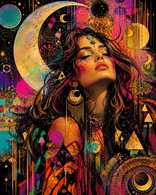 A vibrant, psychedelic digital artwork featuring a woman with flowing hair and colorful face paint against a backdrop of celestial bodies, moons, and geometric patterns.