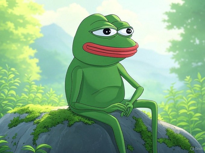 An AI-generated illustration of a green frog with red lips sitting on a mossy rock in a lush forest setting, with a 'Grok' watermark in the corner.