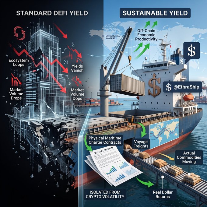Infographic comparing 'Standard DeFi Yield' on the left, which shows declining charts for ecosystem loops and market volume drops, versus 'Sustainable Yield' on the right, depicting a cargo ship representing off-chain economic productivity and physical maritime charter contracts isolated from crypto volatility, tagged @EthraShip.