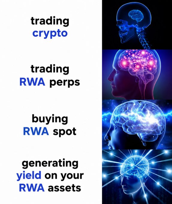 The image is a four-panel "expanding brain" meme showing an evolutionary progression of trading sophistication: from "trading crypto" (basic glowing brain) to "trading RWA perps" (more intense neural activity) to "buying RWA spot" (electrically charged brain) to "generating yield on your RWA assets" (enlightened cosmic brain). It humorously illustrates the post's narrative arc of traders evolving from basic crypto trading to advanced real-world asset strategies, culminating in LPing RWAs on HyperEVM as the pinnacle of enlightened DeFi activity.