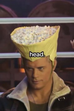 A humorous edited image of a video game character wearing a large yellow sombrero filled with popcorn on his head, with the word "head." overlaid in the center.