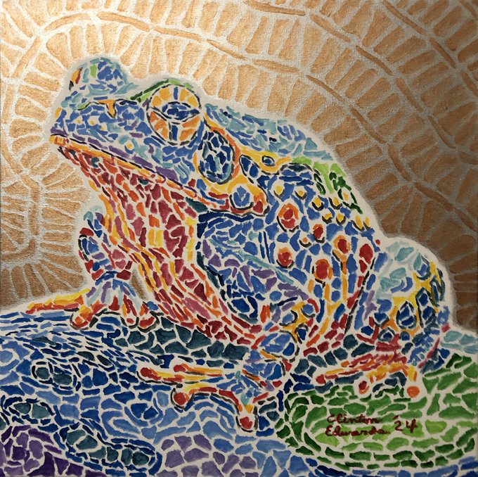 A colorful mosaic-style painting depicts a frog with blue, yellow, red, and green scales perched on a similarly patterned surface against an orange sunburst background, signed 'Eduardo 24'.