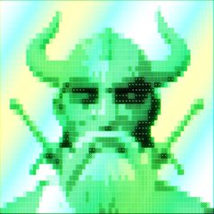 A pixel art rendering of a horned, demonic figure in green and blue tones, with two crossed swords visible behind its head, presented in a retro 8-bit style. The post's mention of "trace" suggests this is one of two digital artworks being shared by the user.